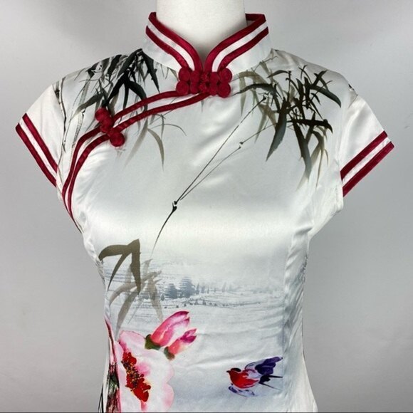 Sigi Chinese Traditional Floral Dress Womens Small White Red Slim Fit Midi Dress - Picture 3 of 6